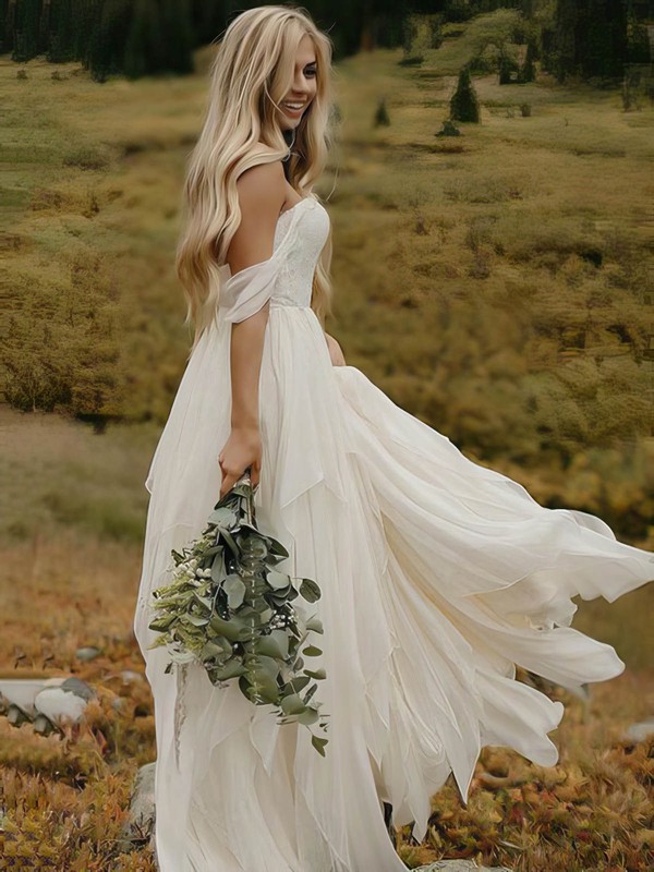 A-line Sweetheart Floor-length Chiffon Appliques Lace Wedding Dresses #PDS00023492