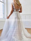 Princess V-neck Sweep Train Tulle Appliques Lace Wedding Dresses #PDS00023494