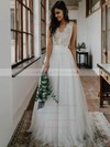 A-line V-neck Floor-length Lace Tulle Buttons Wedding Dresses #PDS00023497