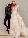 Princess V-neck Sweep Train Tulle Appliques Lace Wedding Dresses #PDS00023501