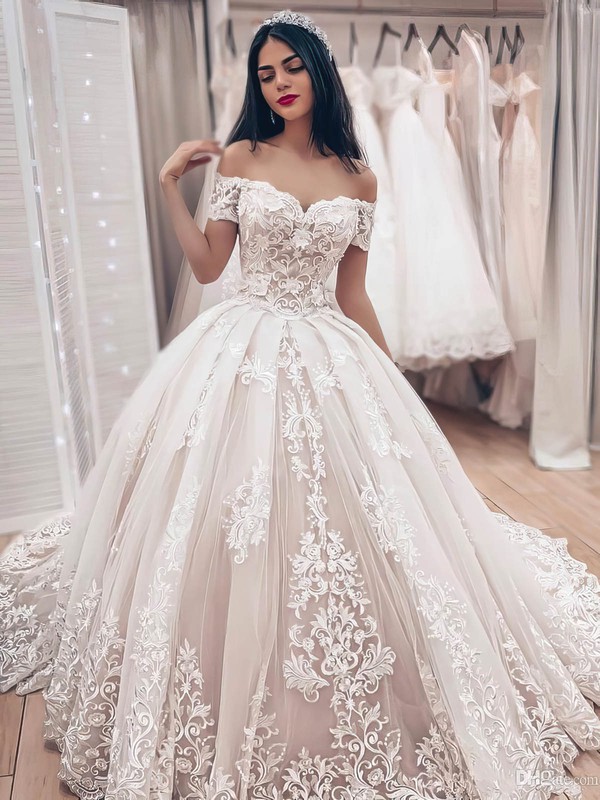 Ball Gown Off-the-shoulder Court Train Tulle Appliques Lace Wedding Dresses #PDS00023504