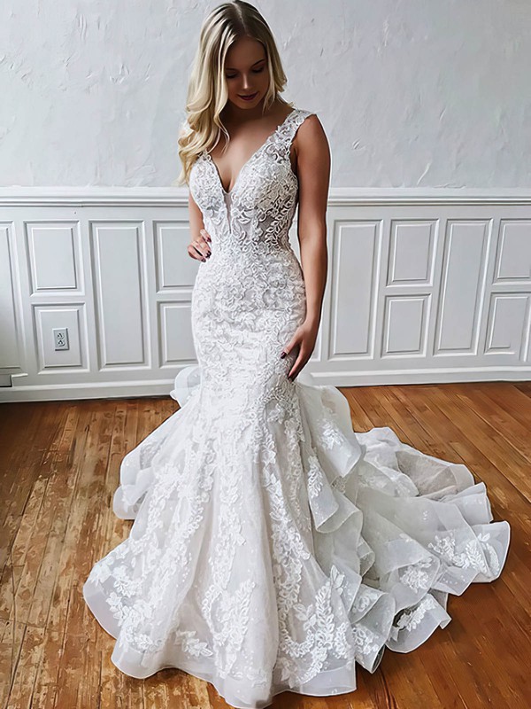 Trumpet/Mermaid V-neck Sweep Train Organza Tulle Appliques Lace Wedding Dresses #PDS00023508