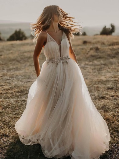 Princess V-neck Floor-length Tulle Sashes / Ribbons Wedding Dresses #PDS00023509