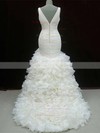Cheap Ivory Organza V-neck Trumpet/Mermaid Tiered Wedding Dresses #PDS00020604