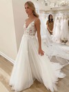 A-line V-neck Sweep Train Tulle Appliques Lace Wedding Dresses #PDS00023510