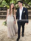 A-line V-neck Floor-length Tulle Appliques Lace Wedding Dresses #PDS00023512