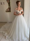 Ball Gown Off-the-shoulder Sweep Train Tulle Ruffles Wedding Dresses #PDS00023513