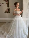 Ball Gown Off-the-shoulder Sweep Train Tulle Ruffles Wedding Dresses #PDS00023513