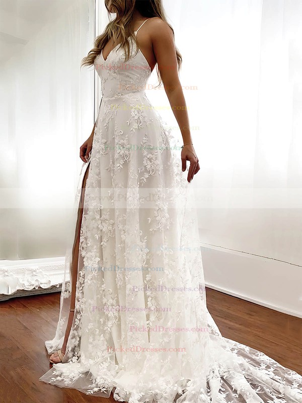 A-line V-neck Sweep Train Lace Split Front Wedding Dresses #PDS00023518
