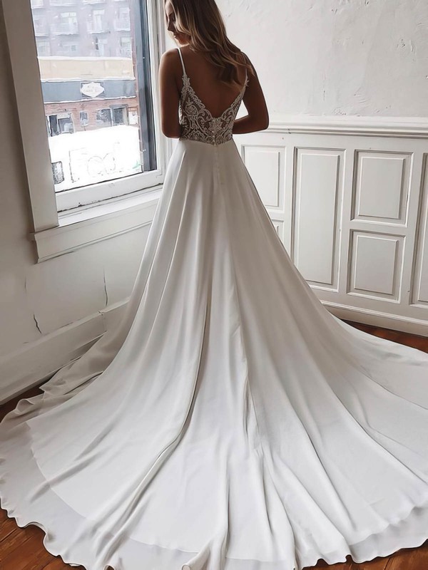 A-line V-neck Sweep Train Chiffon Lace Wedding Dresses #PDS00023519