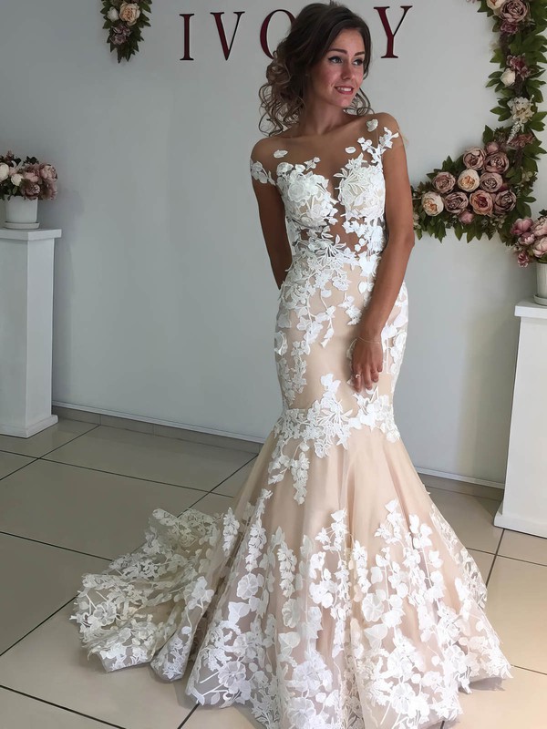 Trumpet/Mermaid Scoop Neck Sweep Train Tulle Appliques Lace Wedding Dresses #PDS00023521