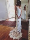 Sheath/Column V-neck Sweep Train Lace Split Front Wedding Dresses #PDS00023522
