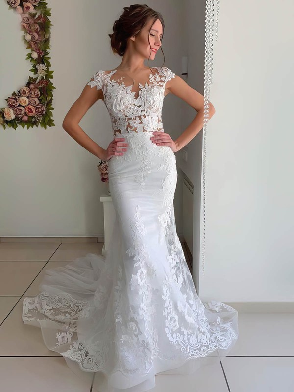Trumpet/Mermaid Scoop Neck Sweep Train Lace Tulle Appliques Lace Wedding Dresses #PDS00023528