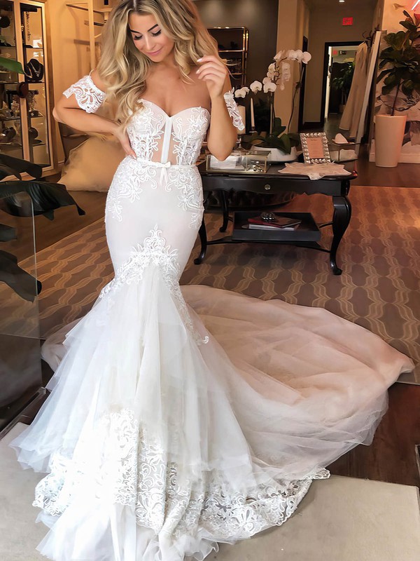 Trumpet/Mermaid Sweetheart Court Train Lace Tulle Appliques Lace Wedding Dresses #PDS00023529
