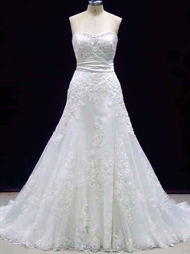 Prettiest A-line Lace with Sashes/Ribbons Sweetheart Ivory Wedding Dress #PDS00020606