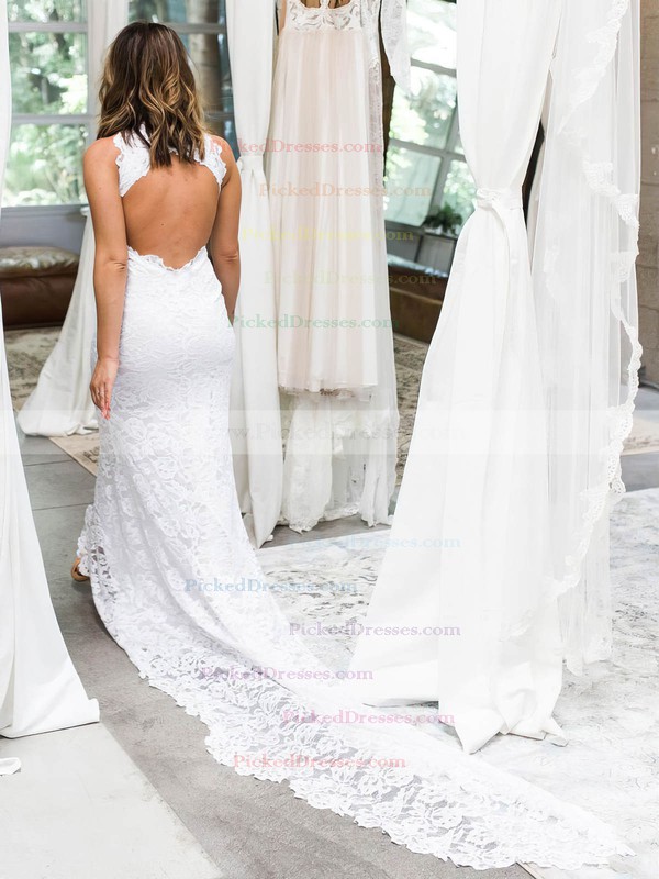 Trumpet/Mermaid High Neck Court Train Lace Split Front Wedding Dresses #PDS00023531