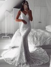 Trumpet/Mermaid V-neck Sweep Train Lace Appliques Lace Wedding Dresses #PDS00023532