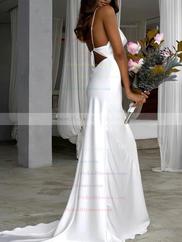 Sheath/Column Cowl Neck Sweep Train Silk-like Satin Wedding Dresses #PDS00023533