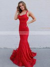 Trumpet/Mermaid Square Neckline Sweep Train Lace Beading Prom Dresses #PDS020106662