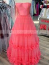 A-line Strapless Sweep Train Tulle Flower(s) Prom Dresses #PDS020106716