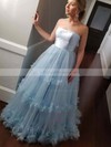 A-line Strapless Sweep Train Tulle Flower(s) Prom Dresses #PDS020106716