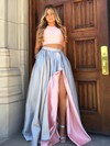 A-line Scoop Neck Sweep Train Satin Pockets Prom Dresses #PDS020106819
