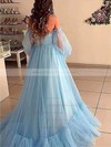 Princess Off-the-shoulder Sweep Train Tulle Appliques Lace Prom Dresses #PDS020106822