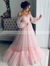 Princess Off-the-shoulder Sweep Train Tulle Appliques Lace Prom Dresses #PDS020106822