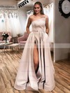 A-line Strapless Sweep Train Satin Sashes / Ribbons Prom Dresses #PDS020106846