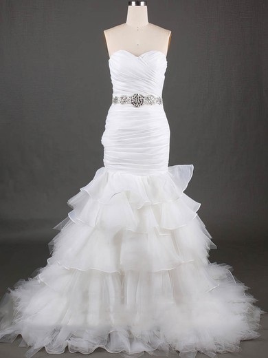White Tiered Lace-up Organza Tulle Trumpet/Mermaid Sweetheart Wedding Dresses #PDS00020610