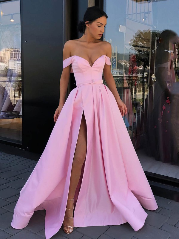 A-line Off-the-shoulder Sweep Train Satin Sashes / Ribbons Prom Dresses #PDS020106850
