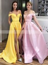 A-line Off-the-shoulder Sweep Train Satin Sashes / Ribbons Prom Dresses #PDS020106850