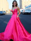 Ball Gown V-neck Sweep Train Satin Pockets Prom Dresses #PDS020106871