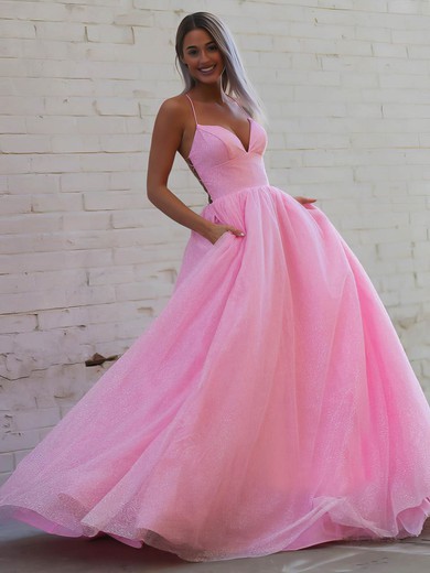 Ball Gown V-neck Sweep Train Glitter Pockets Prom Dresses #PDS020106872