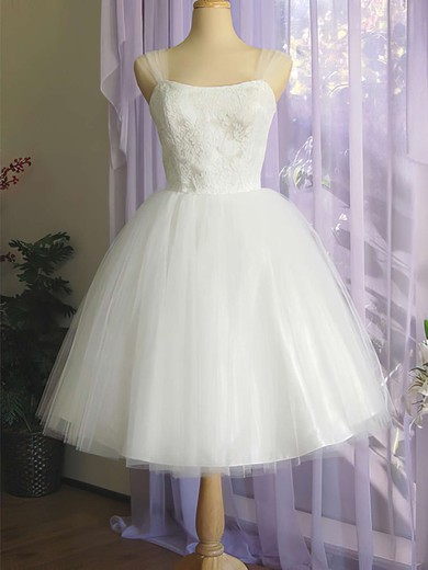 Square Neckline White Satin Tulle Appliques Lace Knee-length Wedding Dress #PDS00020612