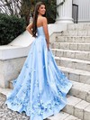 A-line Strapless Sweep Train Satin Flower(s) Prom Dresses #PDS020106680