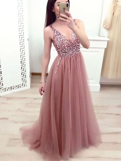A-line V-neck Sweep Train Tulle Beading Prom Dresses #PDS020106698