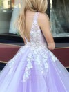 Ball Gown V-neck Sweep Train Tulle Appliques Lace Prom Dresses #PDS020106757