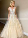 Ball Gown V-neck Sweep Train Tulle Appliques Lace Prom Dresses #PDS020106757