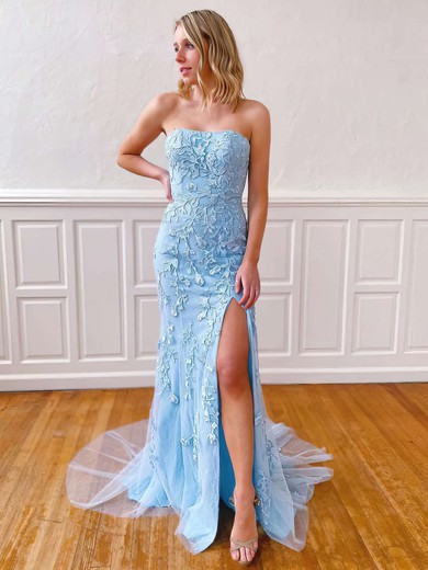 Sheath/Column Strapless Sweep Train Lace Tulle Appliques Lace Prom Dresses #PDS020106782