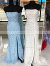 Sheath/Column Strapless Sweep Train Lace Tulle Appliques Lace Prom Dresses #PDS020106782