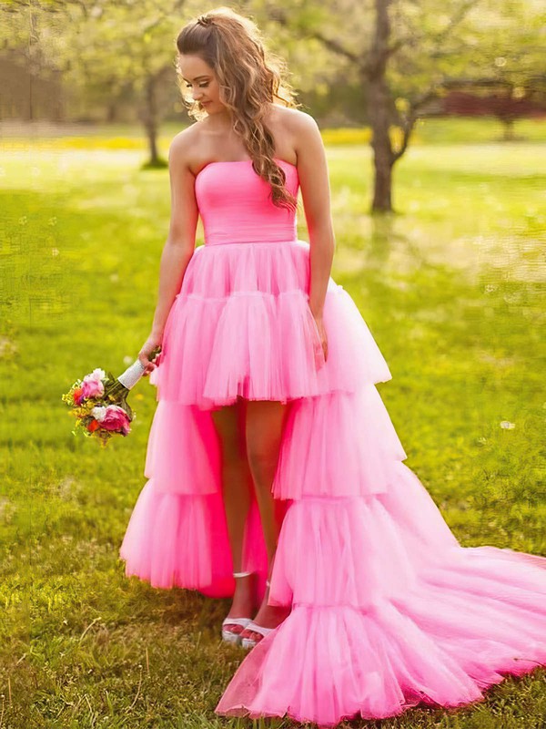 Princess Strapless Asymmetrical Tulle Sashes / Ribbons Prom Dresses #PDS020106794
