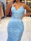 Trumpet/Mermaid V-neck Sweep Train Tulle Appliques Lace Prom Dresses #PDS020106894