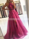 A-line High Neck Sweep Train Organza Split Front Prom Dresses #PDS020106906