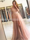 A-line Scoop Neck Sweep Train Tulle Appliques Lace Prom Dresses #PDS020106912
