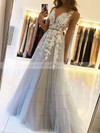 A-line V-neck Sweep Train Tulle Beading Prom Dresses #PDS020106918