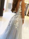 A-line V-neck Sweep Train Tulle Beading Prom Dresses #PDS020106918