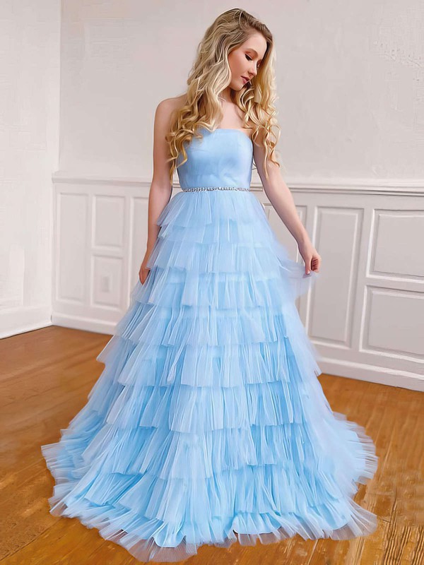 Ball Gown Strapless Sweep Train Tulle Beading Prom Dresses #PDS020106923