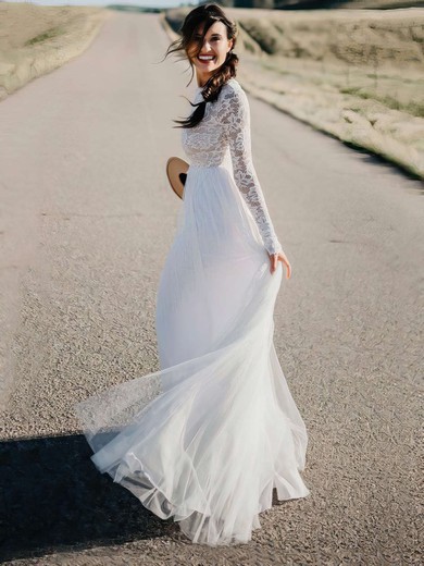 A-line Scoop Neck Floor-length Lace Tulle Appliques Lace Wedding Dresses #PDS00023578