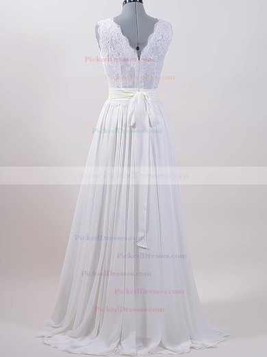 Sweep Train Lace Chiffon Sashes / Ribbons V-neck Cheap White Wedding Dresses #PDS00020615